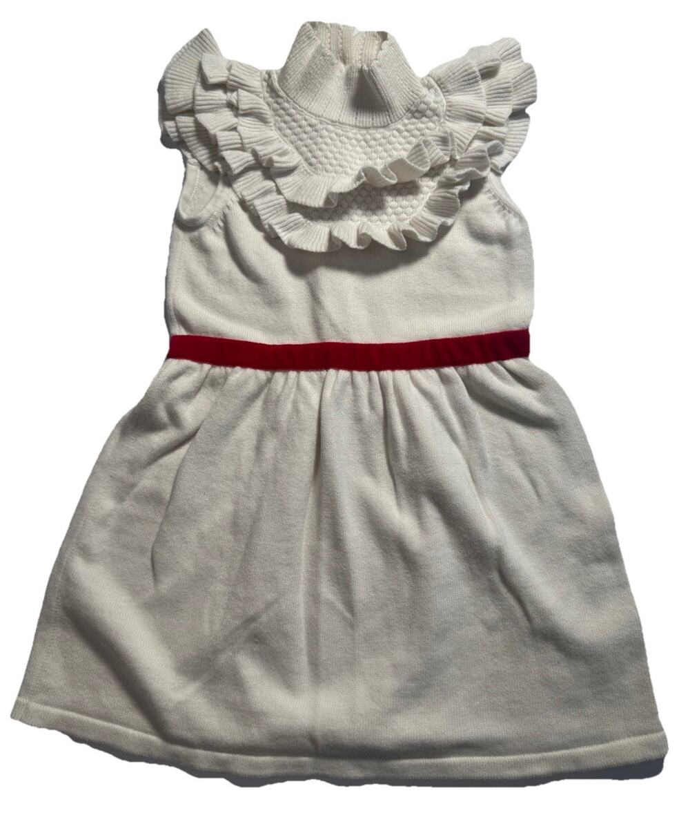 Janie and Jack Girls Ivory Knit Ruffle Dress Red Velvet Trim Size 6